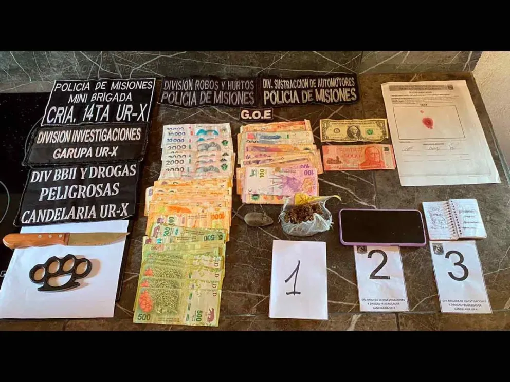 Dinero y elementos incautados