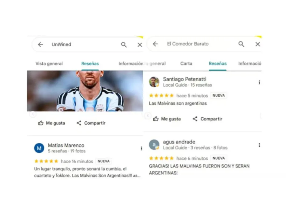 La imagen de Messi apareció en los comentarios a la atención a los locales en Puerto Argentino. Captura Pantalla